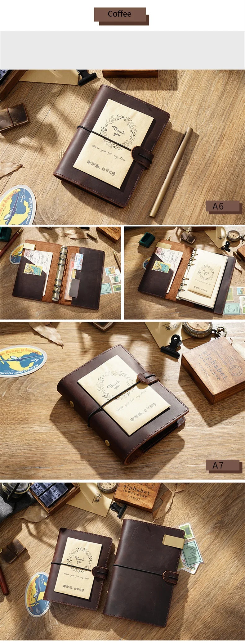 Leather Journal Planner Multifunctional Handmade Notebook Retro Metal Spiral Diary Rope Travel Note Book School Office A5 A6 A7