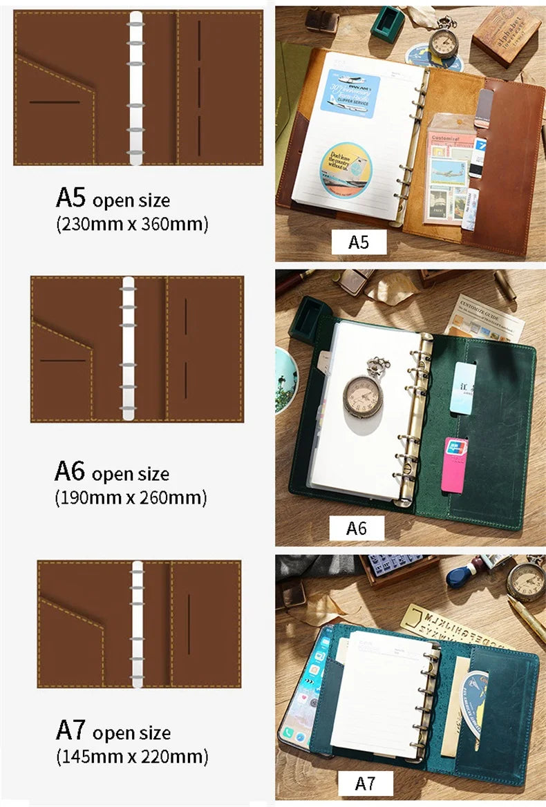 Leather Journal Planner Multifunctional Handmade Notebook Retro Metal Spiral Diary Rope Travel Note Book School Office A5 A6 A7