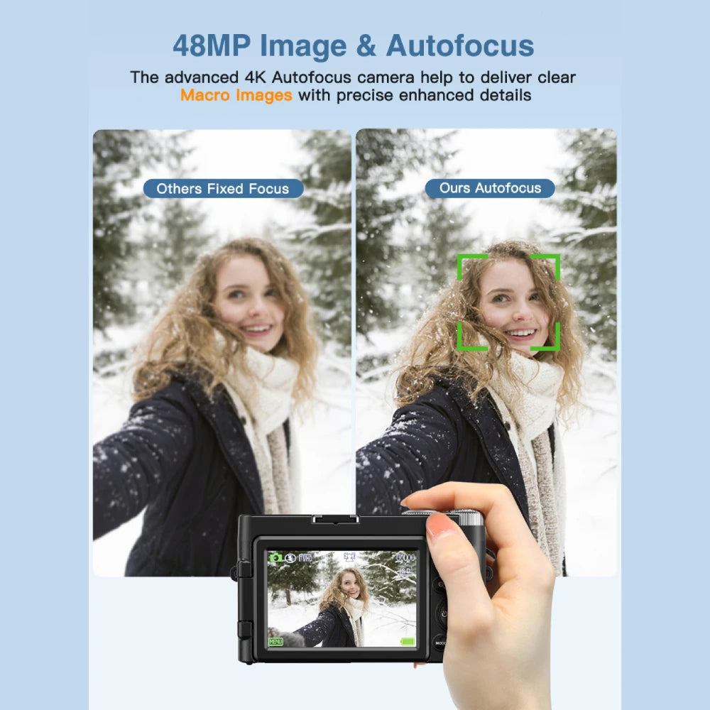 4K Digital Camera for Photography and Video Autofocus Anti-Shake, 48MP Vlogging Camera with SD Card, 3'' 180° Flip Screen