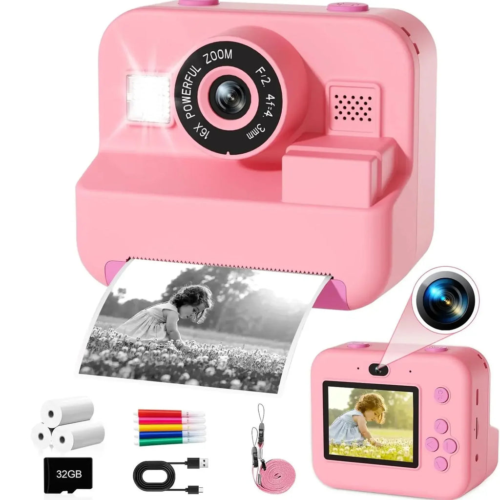 Digital Children Instant Print Camera,  Video Recording, with 32G Card and Thermal Printing, Kids Educational Toy Gift