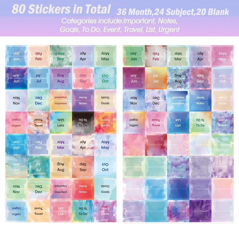 Planner Monthly Tabs(80 Stickers in Total,36 Month,24 Subject,20 Blank) Calendar Monthly Label Stickers for Planners