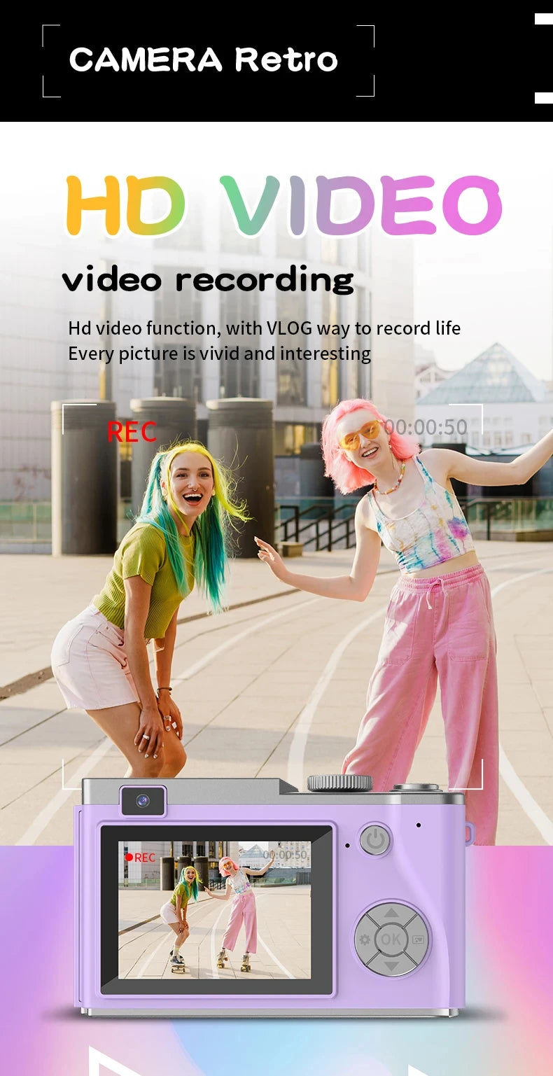 Digital Camera 4K HD Kid Camera 48MP Autofocus Vlogging Camera 2.4 inch Retro Fashion Portable Video Camcorder for Beginners