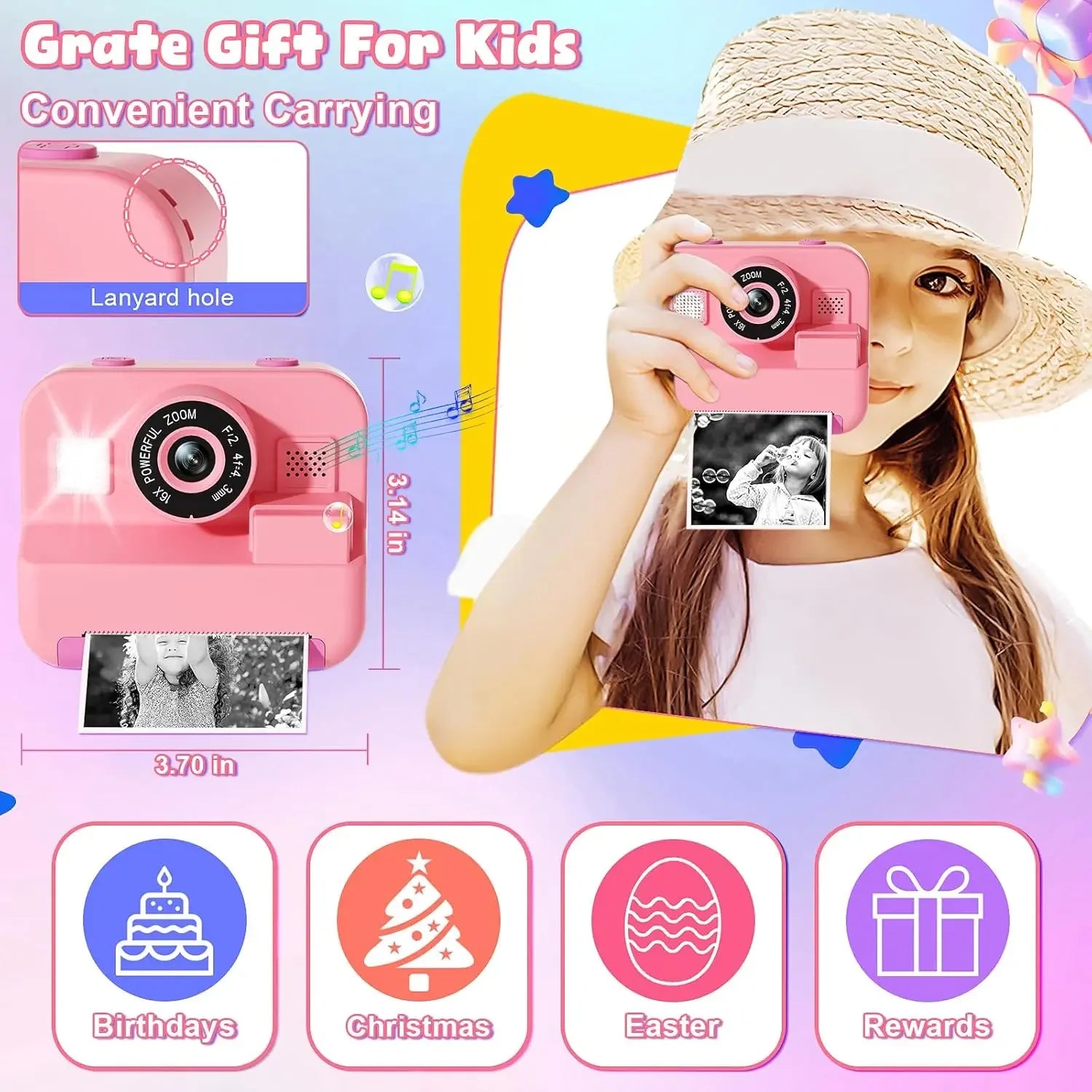 Digital Children Instant Print Camera,  Video Recording, with 32G Card and Thermal Printing, Kids Educational Toy Gift