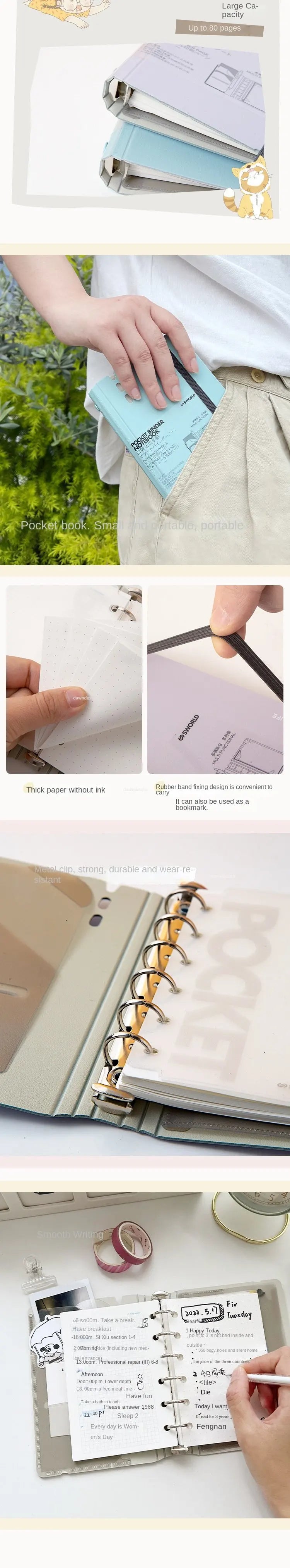 40 Sheets Pocket Binder Diary Journal Planner Notebook A7 Loose-leaf Business Office Notebook Journal School Stationery