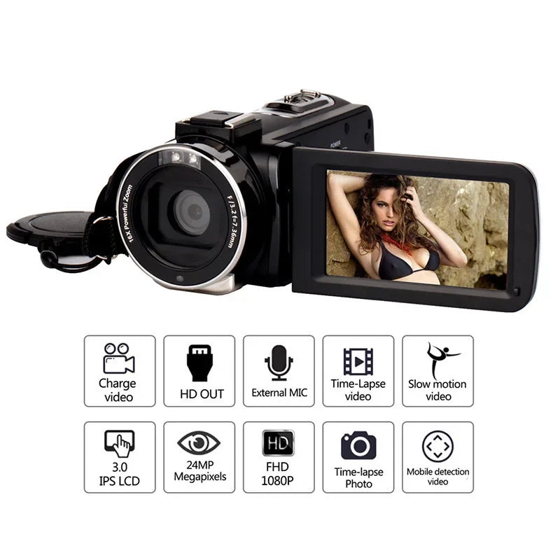 Digital Video Camera 60FPS 16X Digital Zoom Recording Video Camera 3.0 inch Rotatable Touch Screen Handheld DV Camera