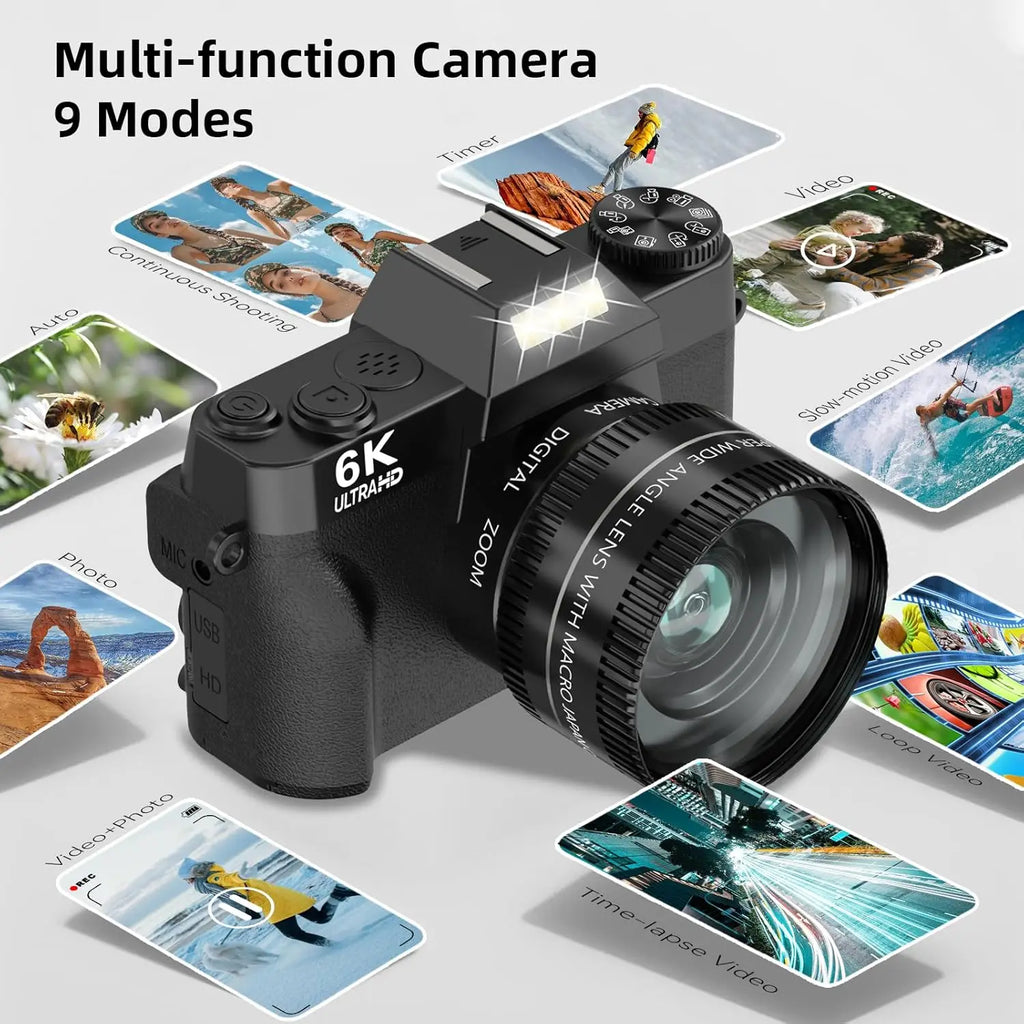 6K Digital Camera for Photography 16X Digital Zoom WiFi Video Cameras 64MP Autofocus YouTube Vlog Camcorder with 3'' Flip Screen