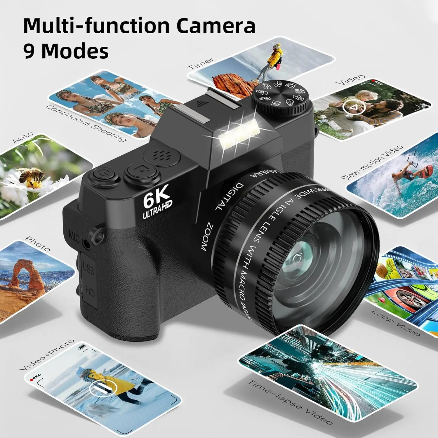6K Digital Camera for Photography 16X Digital Zoom WiFi Video Cameras 64MP Autofocus YouTube Vlog Camcorder with 3'' Flip Screen