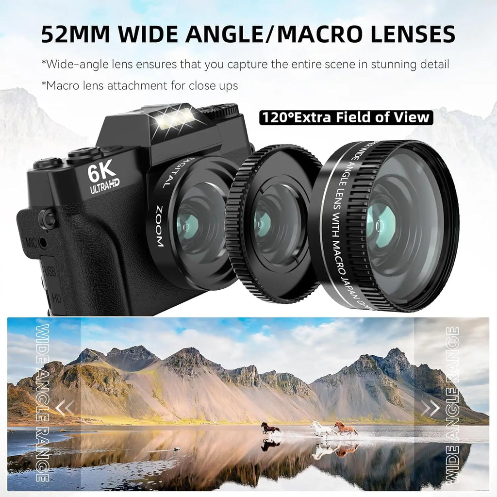 6K Digital Camera for Photography 16X Digital Zoom WiFi Video Cameras 64MP Autofocus YouTube Vlog Camcorder with 3'' Flip Screen