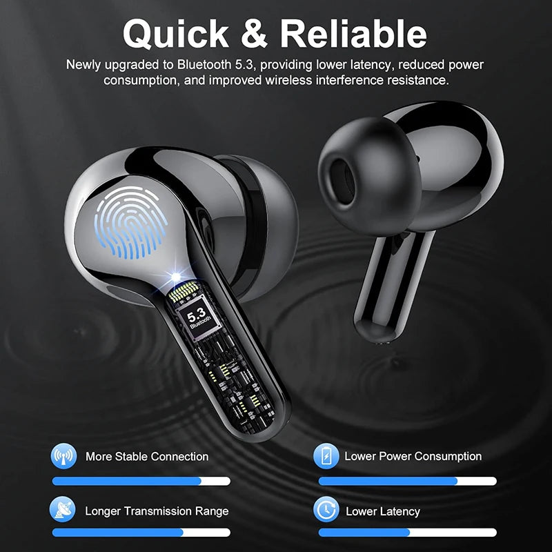 BT5.4 Wireless Ear Buds with LED Display HiFi Stereo Ear Buds with 48H Play Time ENC Noise Cancelling Headphones IP7 Earphones