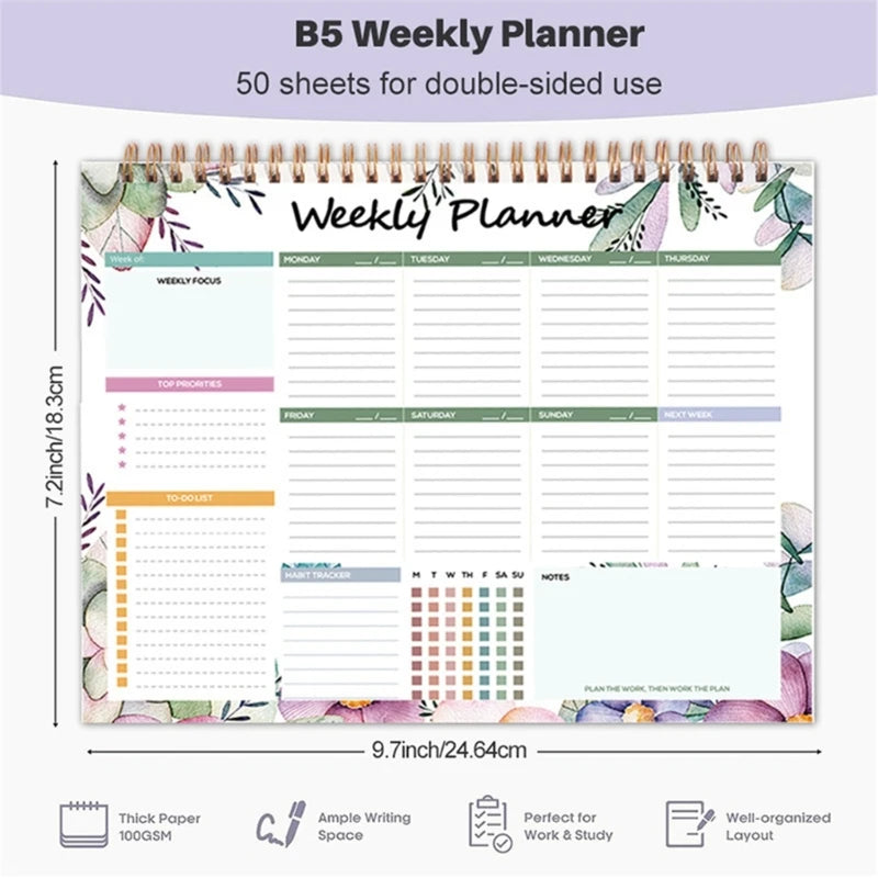 Weekly Planner Notebook Coil-binding Weekly Academic Planner 52 Week Journal Notebook Weekly Planner 104 Page Undated