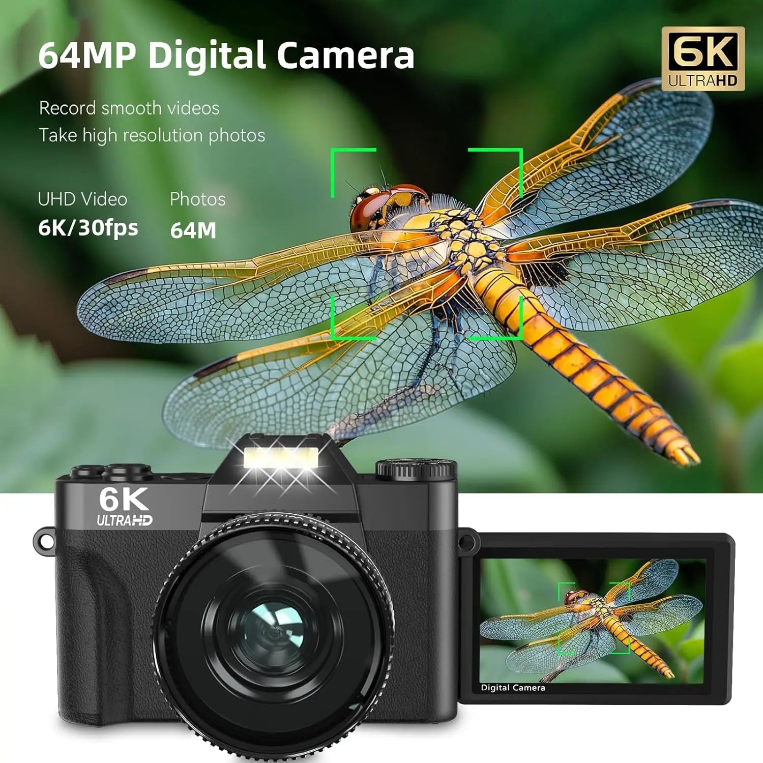 6K Digital Camera for Photography 16X Digital Zoom WiFi Video Cameras 64MP Autofocus YouTube Vlog Camcorder with 3'' Flip Screen