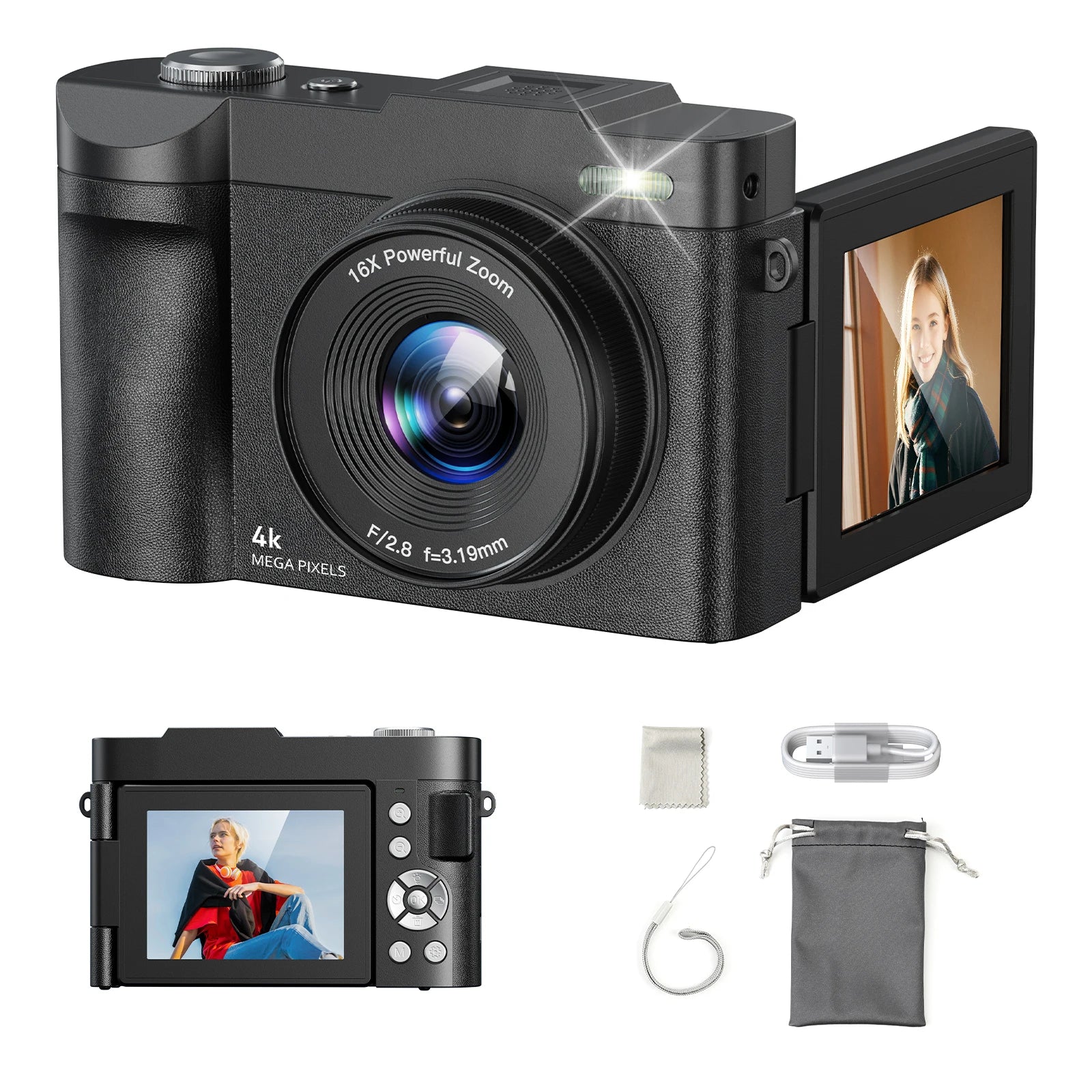 4K Digital Camera for Photography Autofocus 16x Zoom Camera with 32GB Card 2.8" 180°Flip Screen Compact Travel Camera for Teen