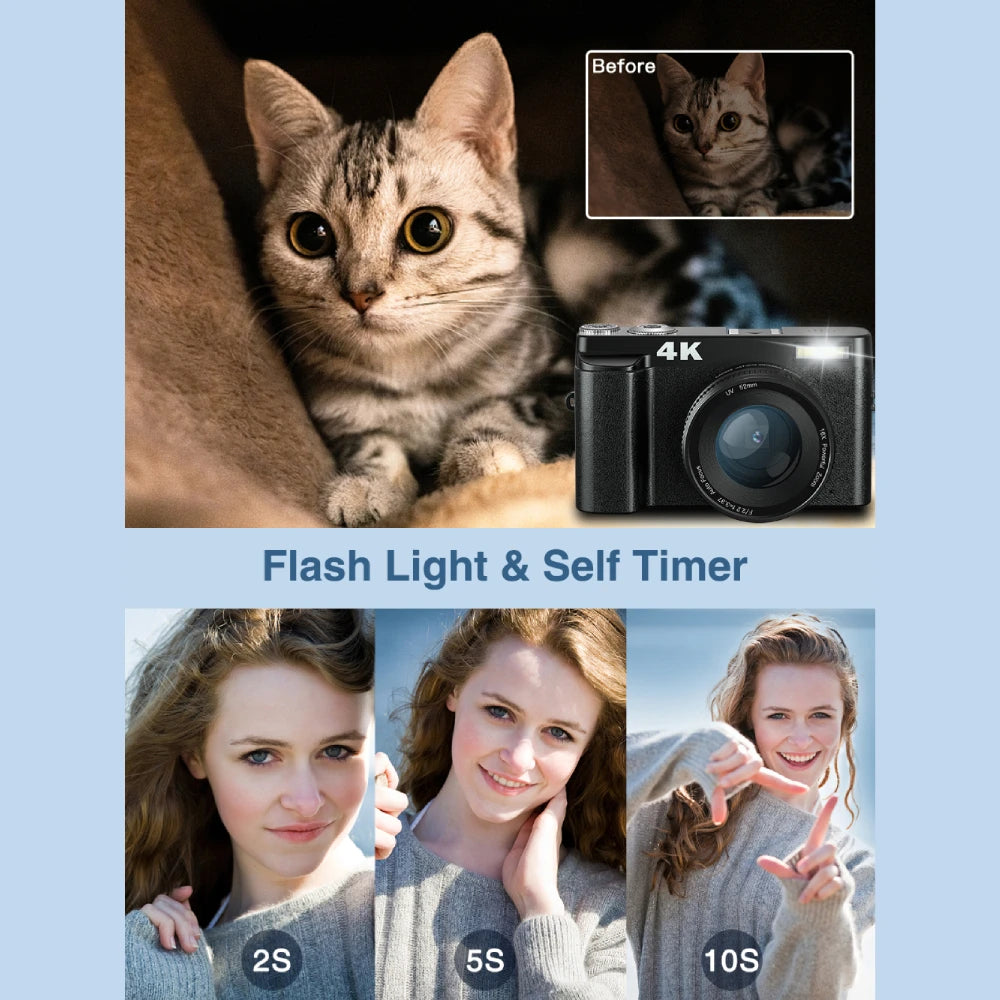 4K Digital Camera for Photography and Video Autofocus Anti-Shake, 48MP Vlogging Camera with SD Card, 3'' 180° Flip Screen