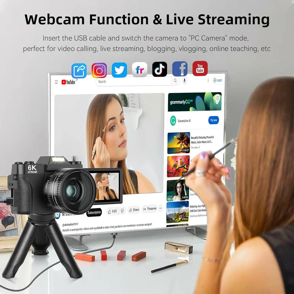 6K Digital Camera for Photography 16X Digital Zoom WiFi Video Cameras 64MP Autofocus YouTube Vlog Camcorder with 3'' Flip Screen