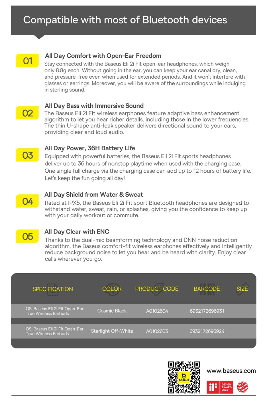 Baseus Eli 2i Fit Open-Ear Earphones True Wireless Bluetooth 6.0 Ear Hooks Headphones IPX5 Waterproof Sports Earbuds Bass Boost