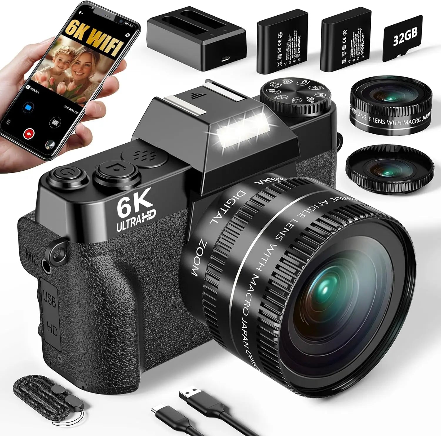 6K Digital Camera for Photography 16X Digital Zoom WiFi Video Cameras 64MP Autofocus YouTube Vlog Camcorder with 3'' Flip Screen