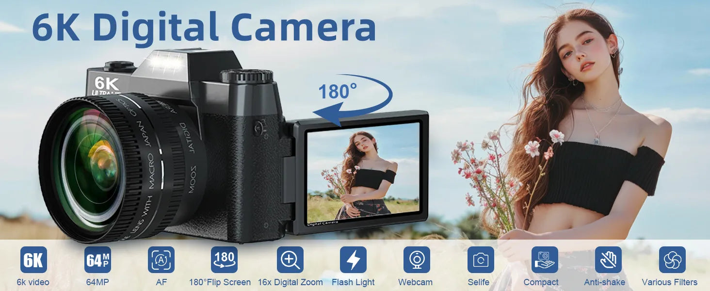 6K Digital Camera for Photography 16X Digital Zoom WiFi Video Cameras 64MP Autofocus YouTube Vlog Camcorder with 3'' Flip Screen
