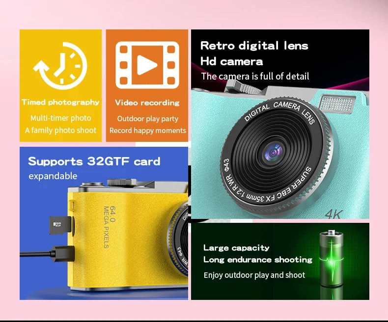 Digital Camera 4K HD Kid Camera 48MP Autofocus Vlogging Camera 2.4 inch Retro Fashion Portable Video Camcorder for Beginners
