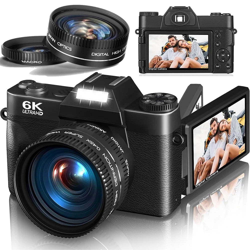 6K Digital Camera for Photography 16X Digital Zoom WiFi Video Cameras 64MP Autofocus YouTube Vlog Camcorder with 3'' Flip Screen