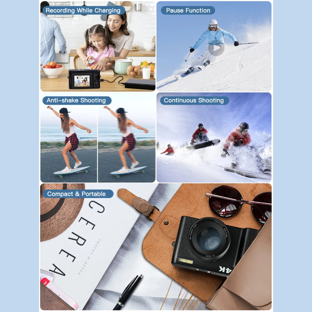 4K Digital Camera for Photography and Video Autofocus Anti-Shake, 48MP Vlogging Camera with SD Card, 3'' 180° Flip Screen