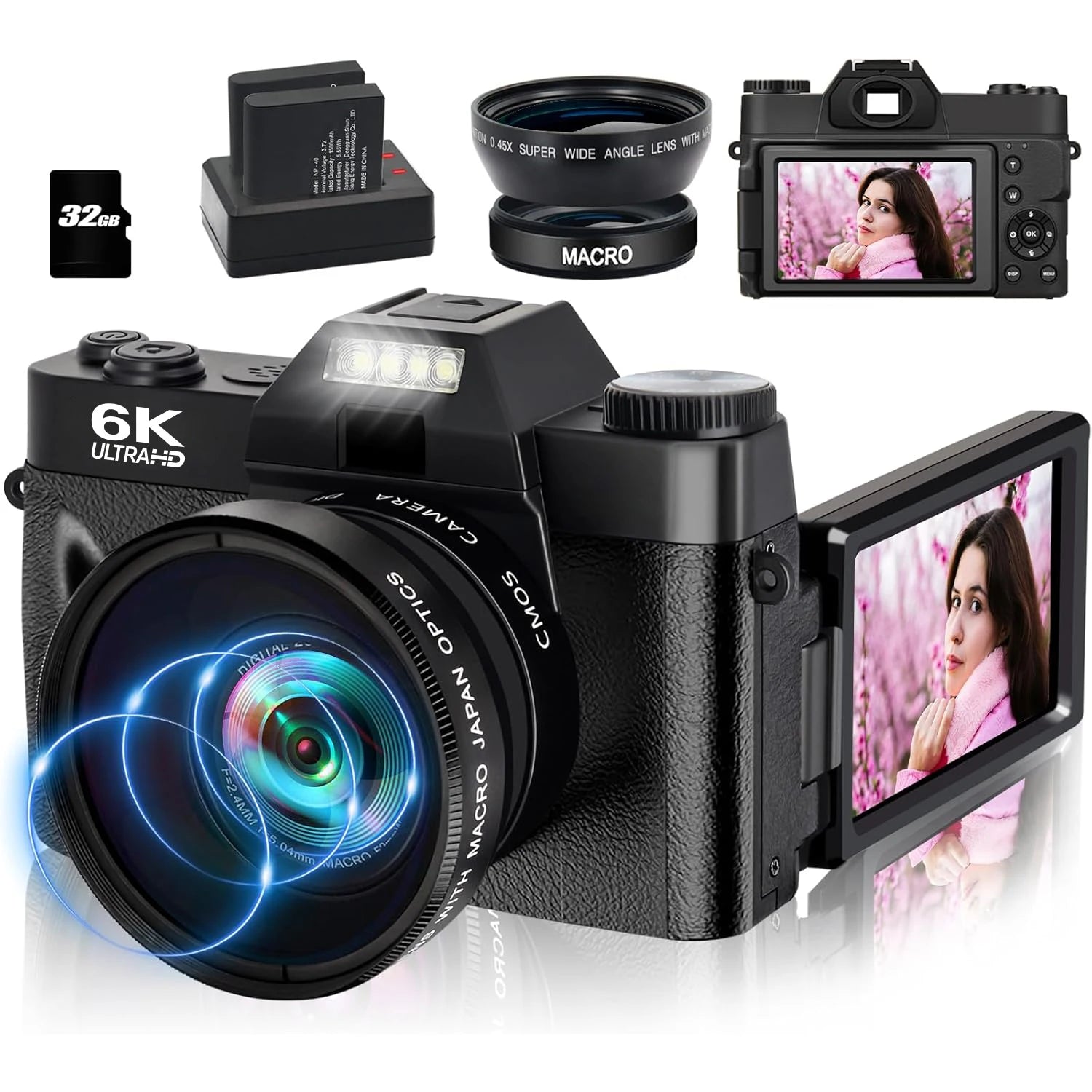 6K Digital Camera for Photography 16X Digital Zoom WiFi Video Cameras 64MP Autofocus YouTube Vlog Camcorder with 3'' Flip Screen