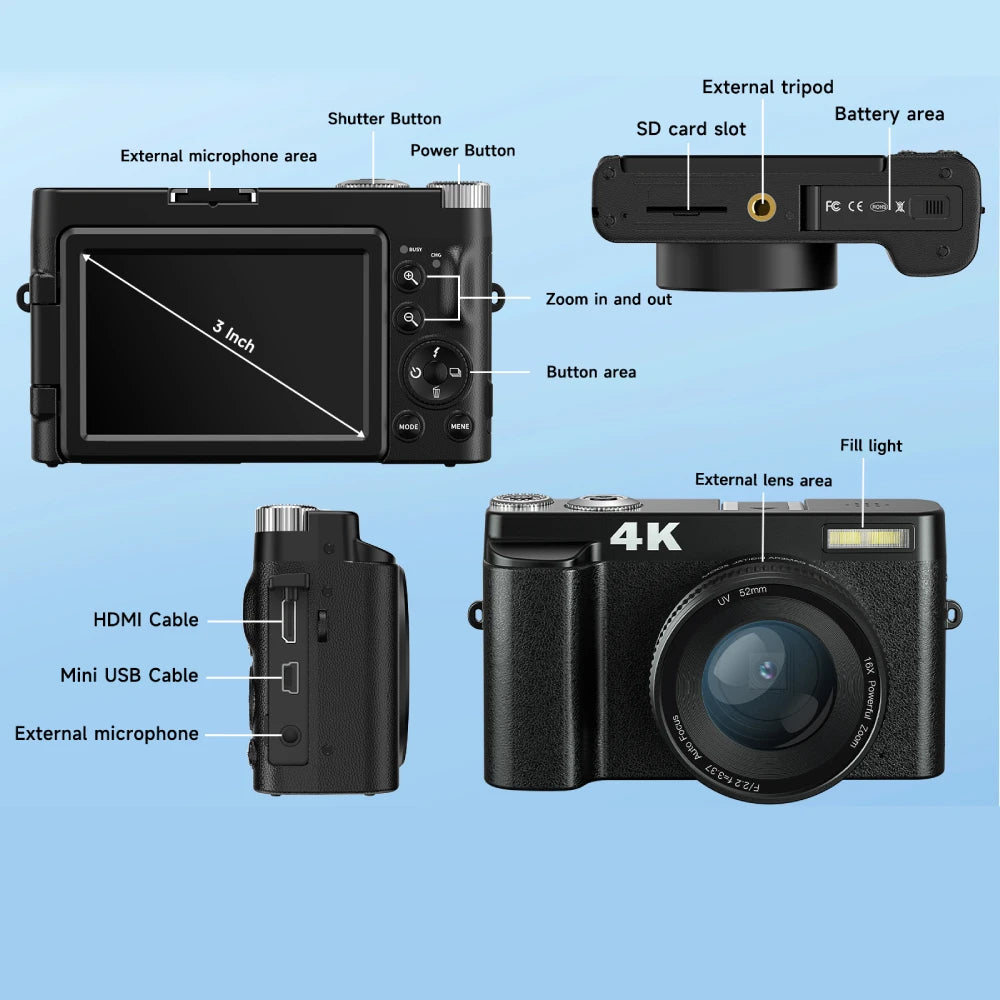 4K Digital Camera for Photography and Video Autofocus Anti-Shake, 48MP Vlogging Camera with SD Card, 3'' 180° Flip Screen