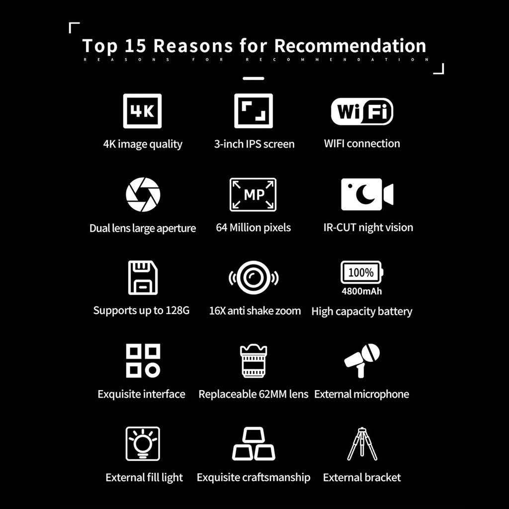 Digital Camera IR Night Vision Travel Digital Camera 3 Inch  Color Display 16X Digital Zoom WiFi HD 4K 64MP for Photography