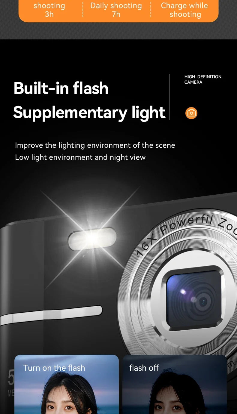 Digital Cameras1080P Camera 44MP Camera Portable Compact Camera with 2.4 Inch LCD Screen16x Digital Zoom, 32G Micro Memory Card