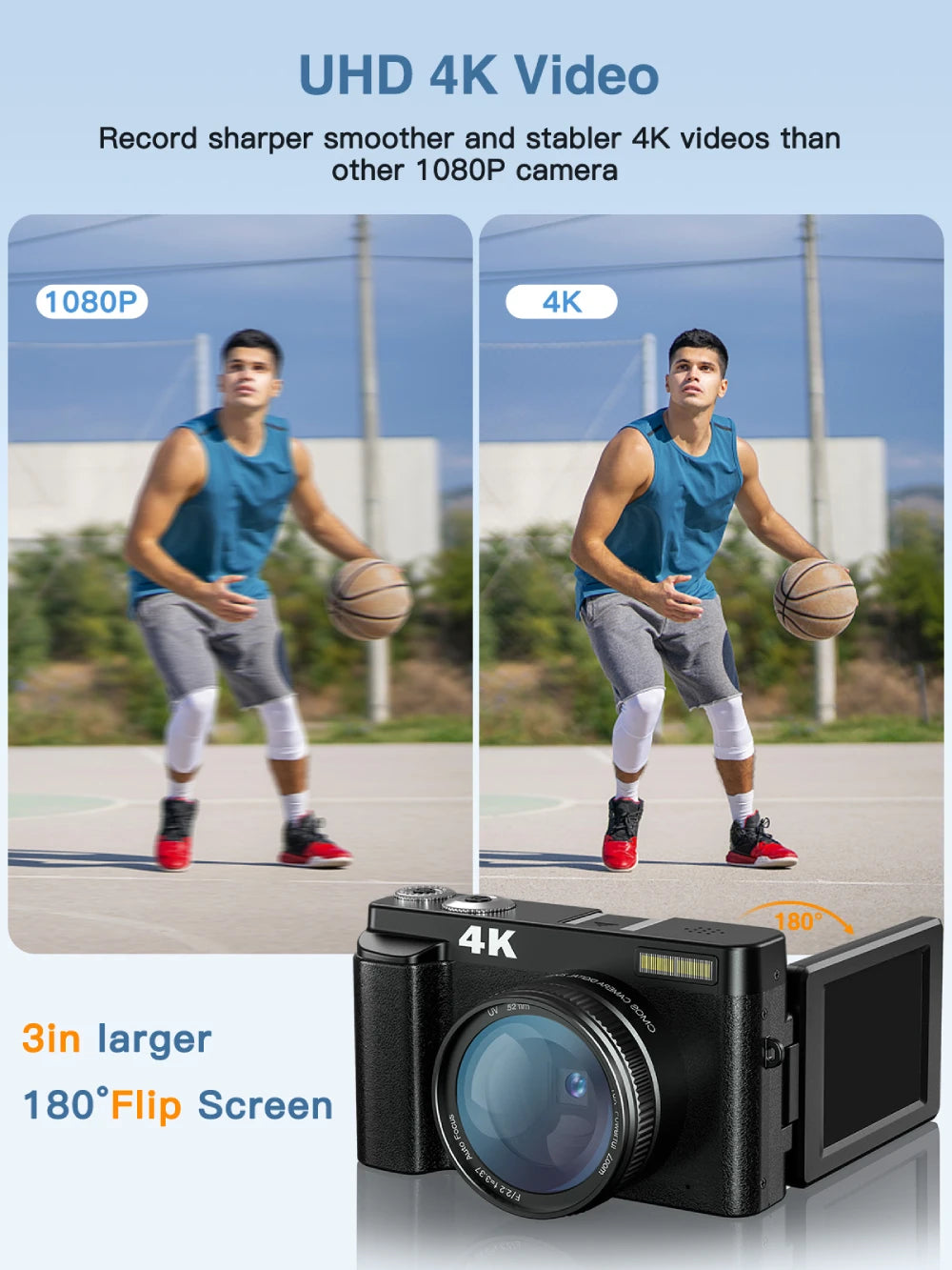4K Digital Camera for Photography and Video Autofocus Anti-Shake, 48MP Vlogging Camera with SD Card, 3'' 180° Flip Screen
