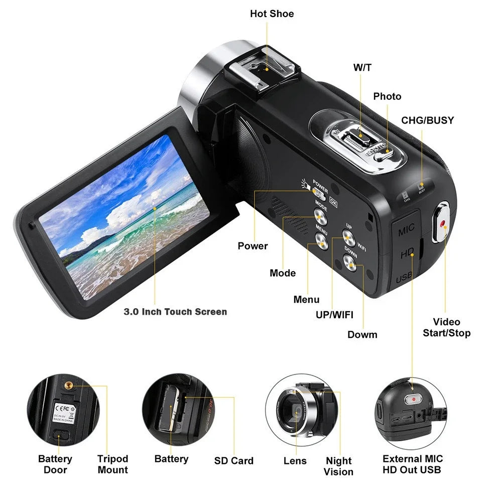Digital Video Camera 60FPS 16X Digital Zoom Recording Video Camera 3.0 inch Rotatable Touch Screen Handheld DV Camera