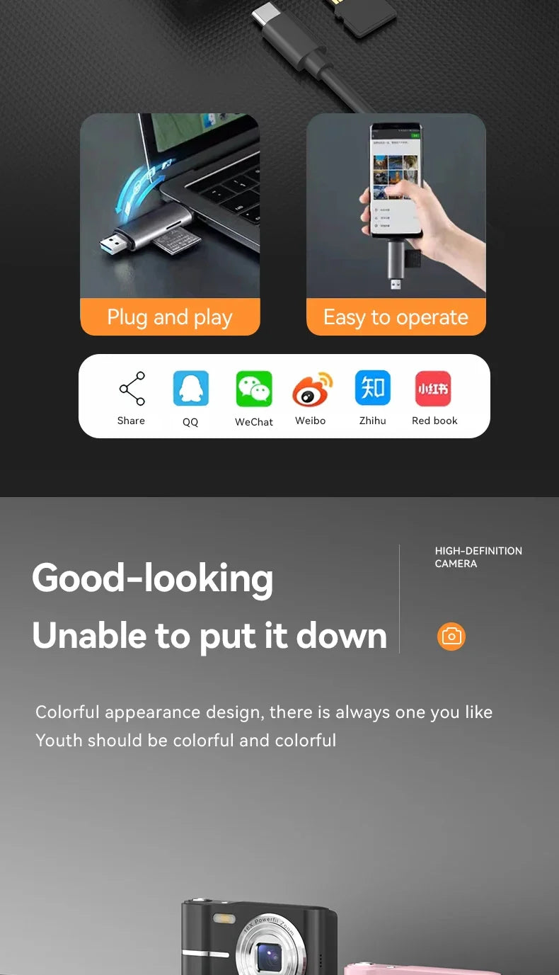 Digital Camera 16x CCD Digital Camera Beauty Campus Student Entry-level Polaroid Gift Dual Lens Video Recorder 64G Card Reader