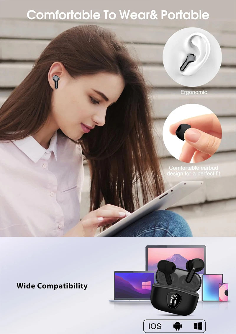 BT5.4 Wireless Ear Buds with LED Display HiFi Stereo Ear Buds with 48H Play Time ENC Noise Cancelling Headphones IP7 Earphones