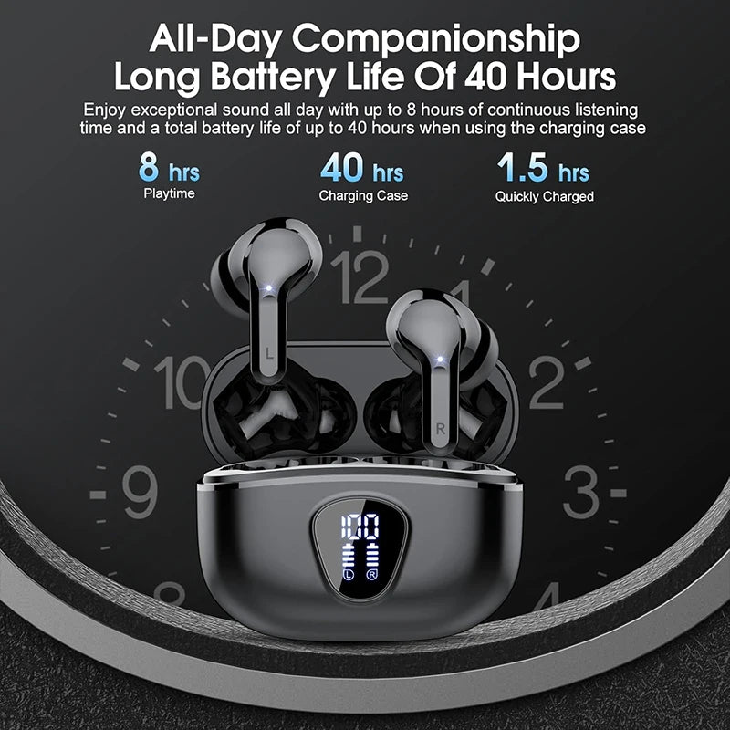 BT5.4 Wireless Ear Buds with LED Display HiFi Stereo Ear Buds with 48H Play Time ENC Noise Cancelling Headphones IP7 Earphones