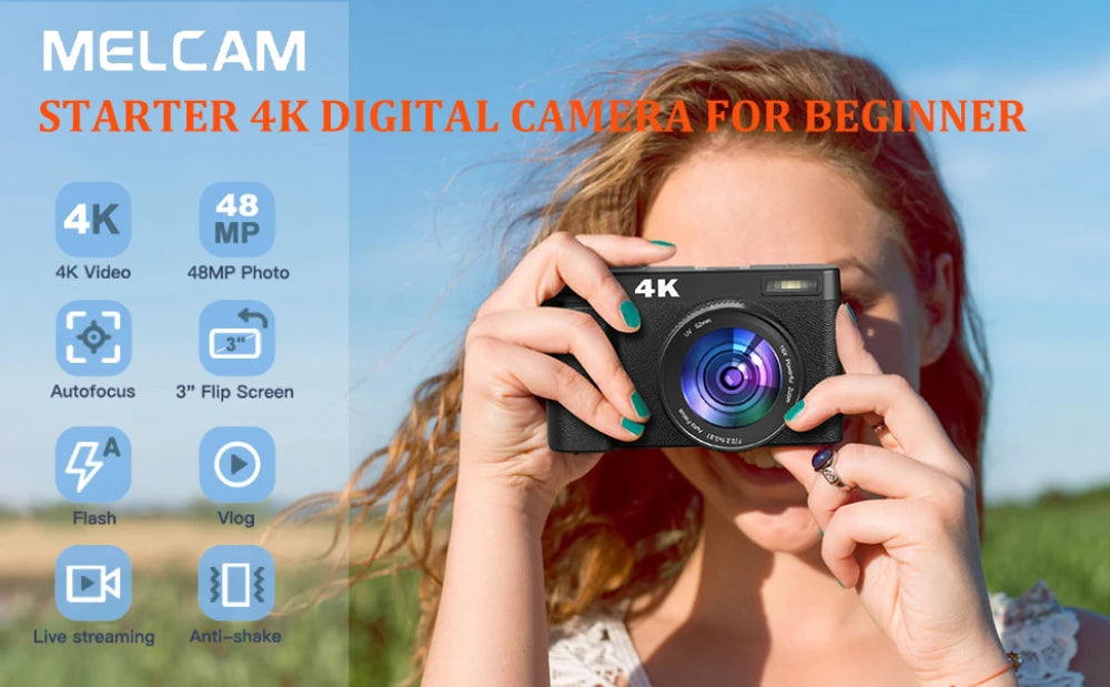 4K Digital Camera for Photography and Video Autofocus Anti-Shake, 48MP Vlogging Camera with SD Card, 3'' 180° Flip Screen