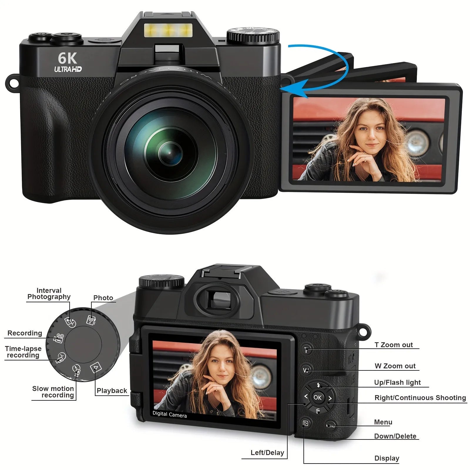 6K Digital Camera for Photography 16X Digital Zoom WiFi Video Cameras 64MP Autofocus YouTube Vlog Camcorder with 3'' Flip Screen