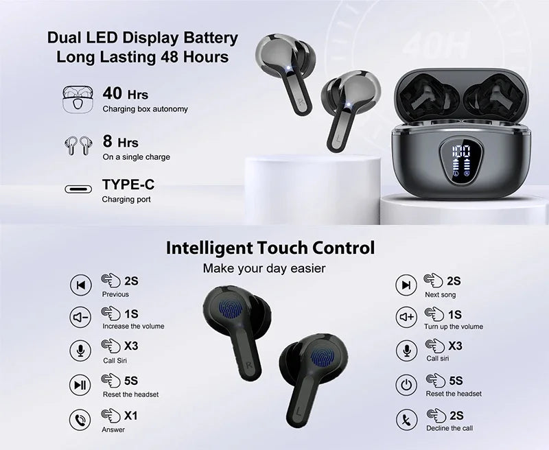 BT5.4 Wireless Ear Buds with LED Display HiFi Stereo Ear Buds with 48H Play Time ENC Noise Cancelling Headphones IP7 Earphones